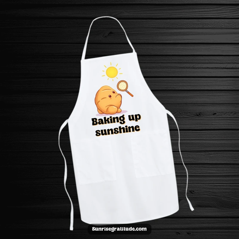 Funny croissant with net catching sun ray, a humorous apron for kitchen fun.