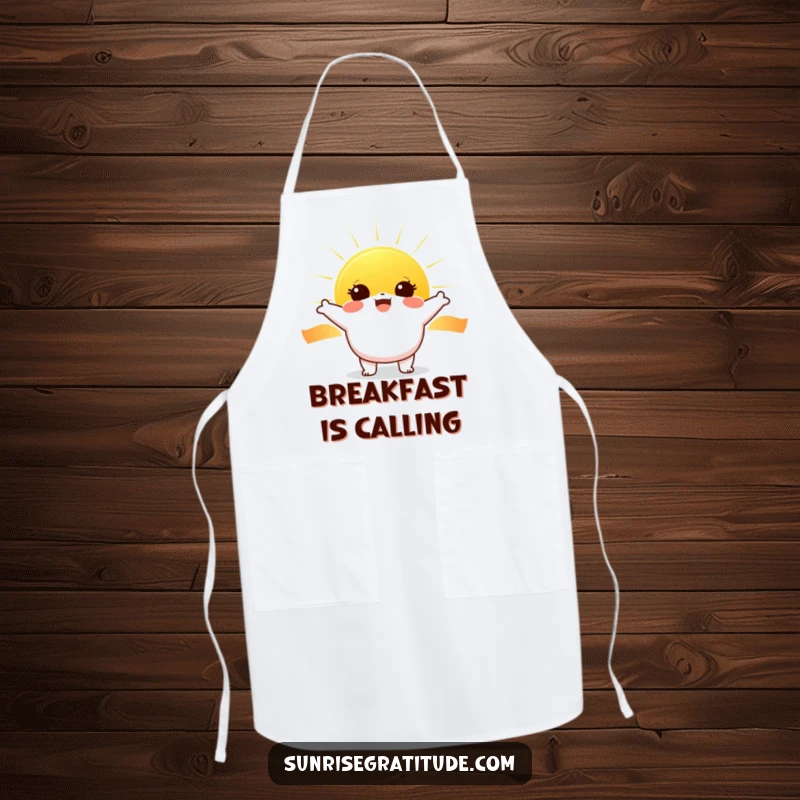 Funny Sunrise Chef Apron: Cheerful character greeting a rising sun on a kitchen apron, a humorous and practical funny gift.
