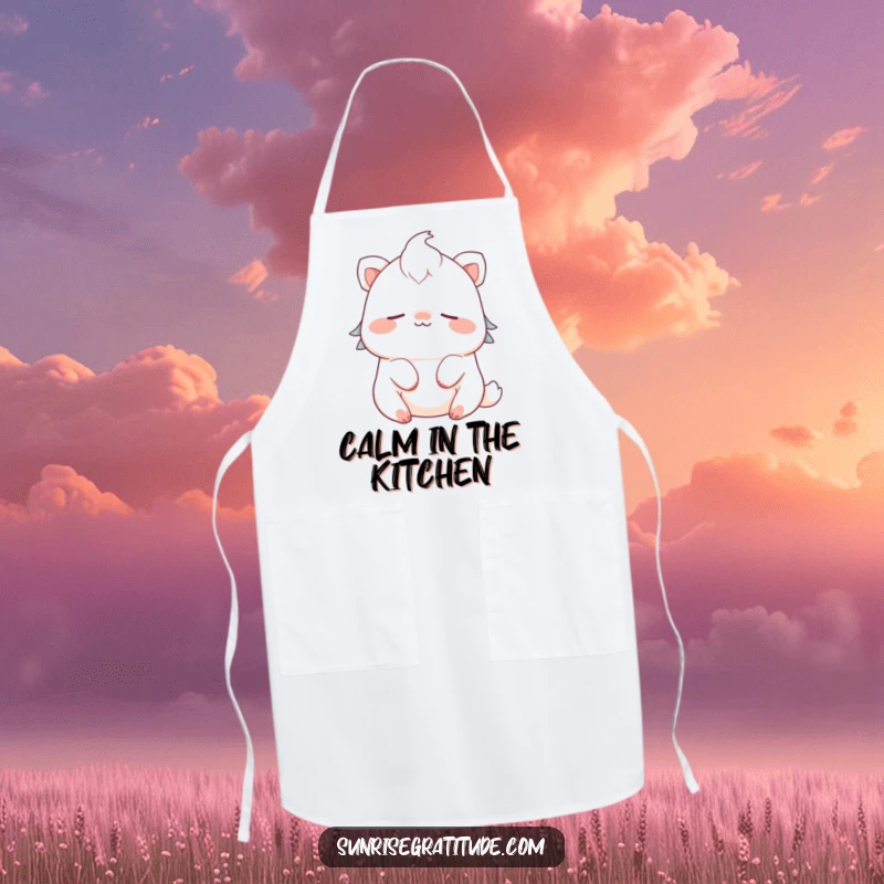 Funny cute creature apron smiling and breathing peacefully, bringing kitchen calm and protection humorously.