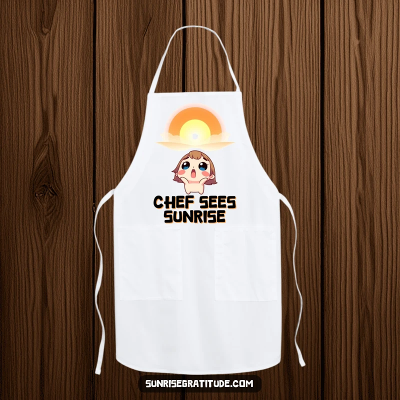 Funny apron with a surprised character looking up in awe at a vibrant sunrise.