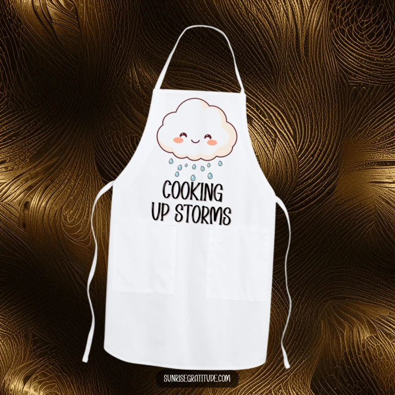 Funny happy cloud apron, raining sparkling dew, making kitchen tasks cheerful and fun. A humorous cooking accessory.