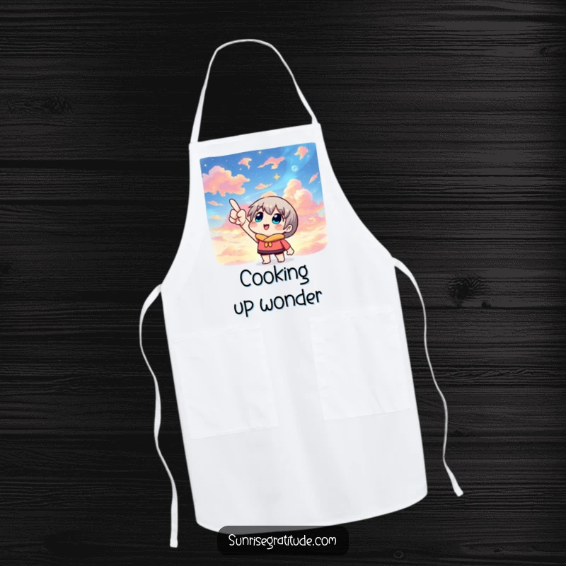 Artistic apron featuring a character pointing skyward at a colorful sky, perfect for a cook who dreams big.