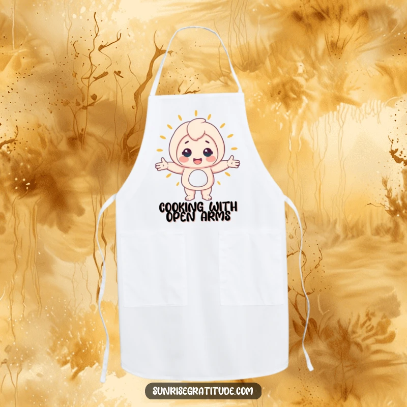 Funny kitchen apron featuring a happy character with open arms, embracing the busy world, perfect for a humorous cooking experience.