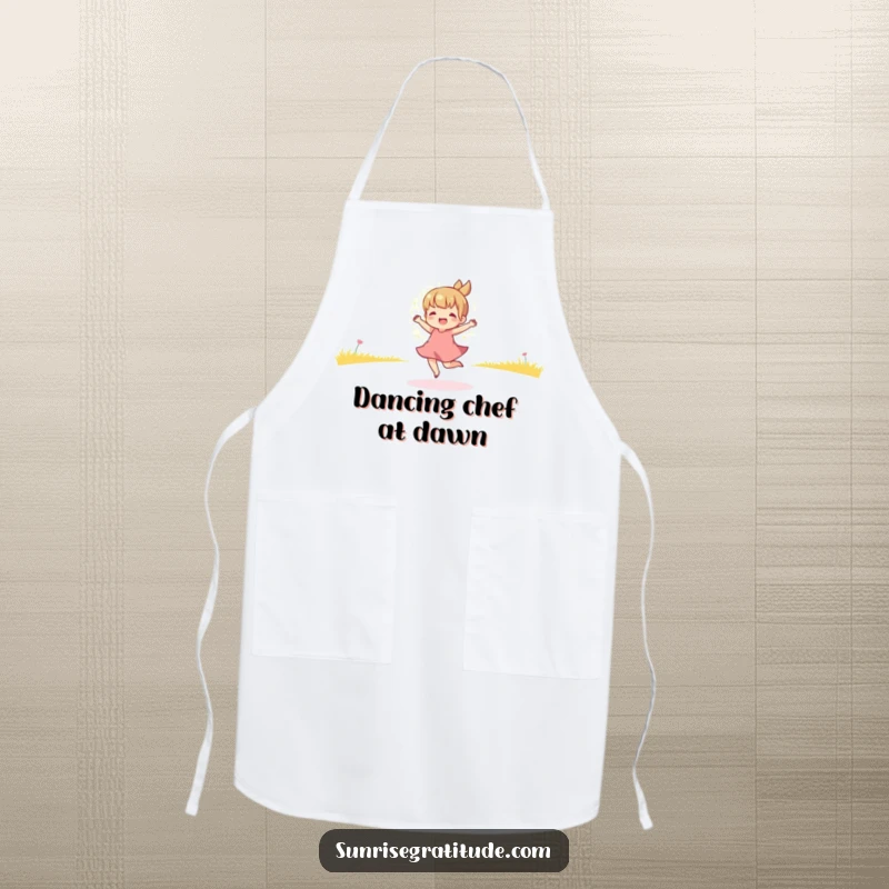 Funny apron depicting a playful character dancing in the golden light of early morning, adding cheer and energy to kitchen tasks.