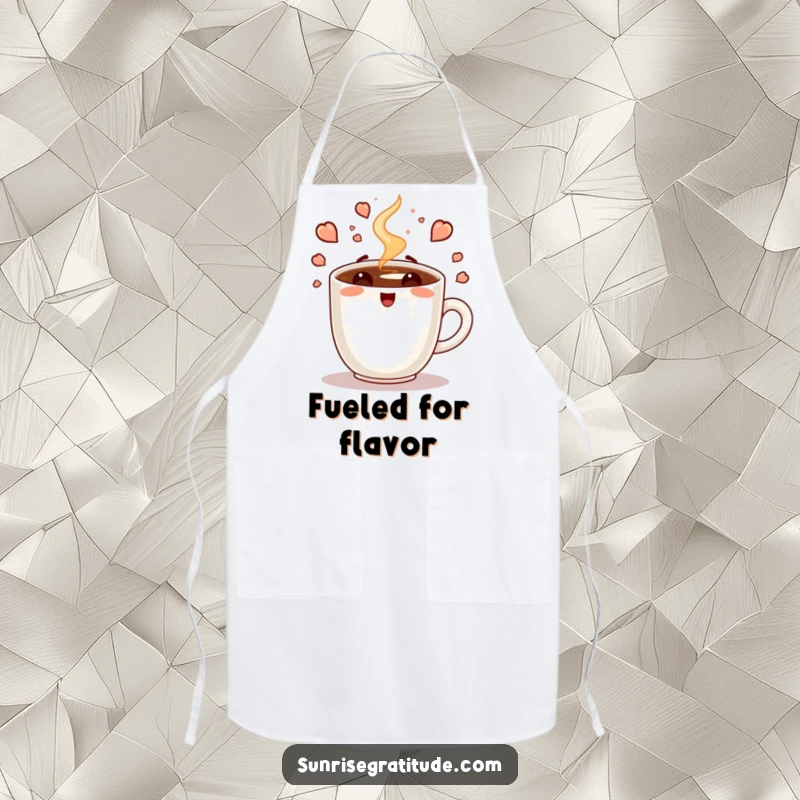 Funny apron depicting an enthusiastic coffee cup steaming with the energy of a new day, ideal for kitchen creators.