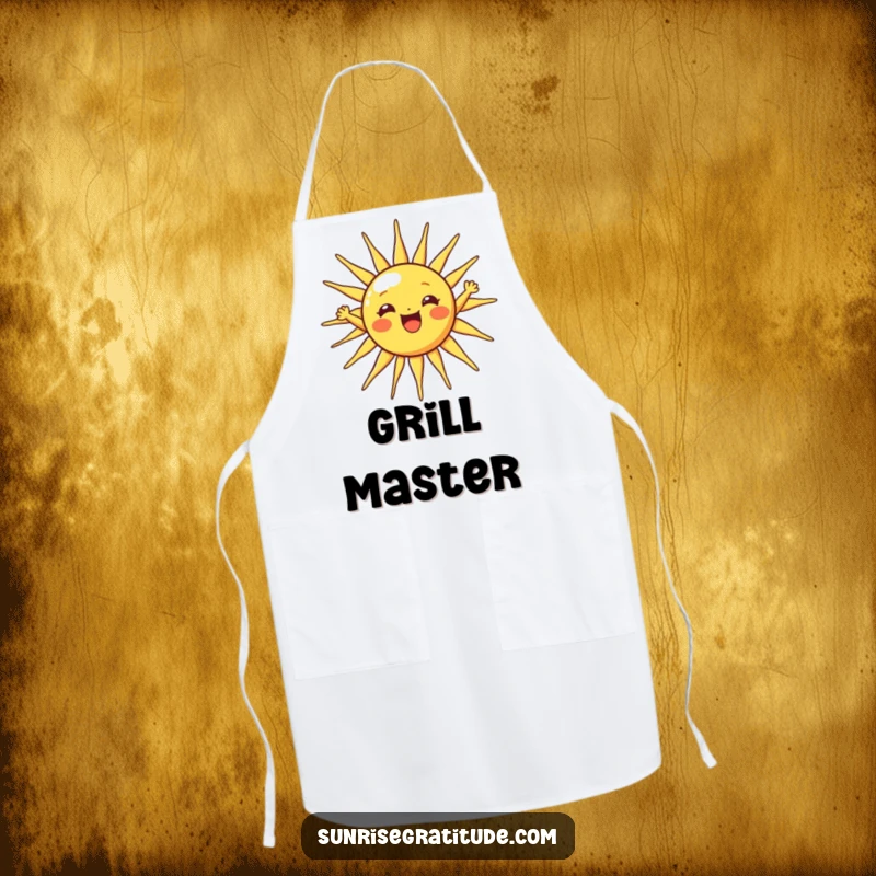 Funny sun apron with a cheerful sun character stretching its rays wide, perfect for kitchen activities.