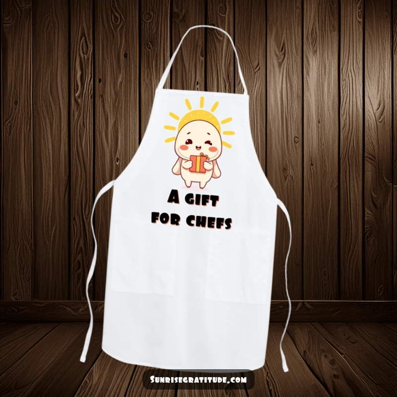 Funny apron depicting a cheerful character offering a gift to the morning sun, ideal for cooking with joy.