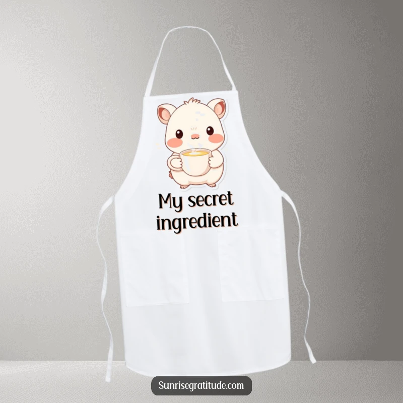 Funny whimsical creature apron offering a steaming cup, bringing kitchen warmth and protection humorously.
