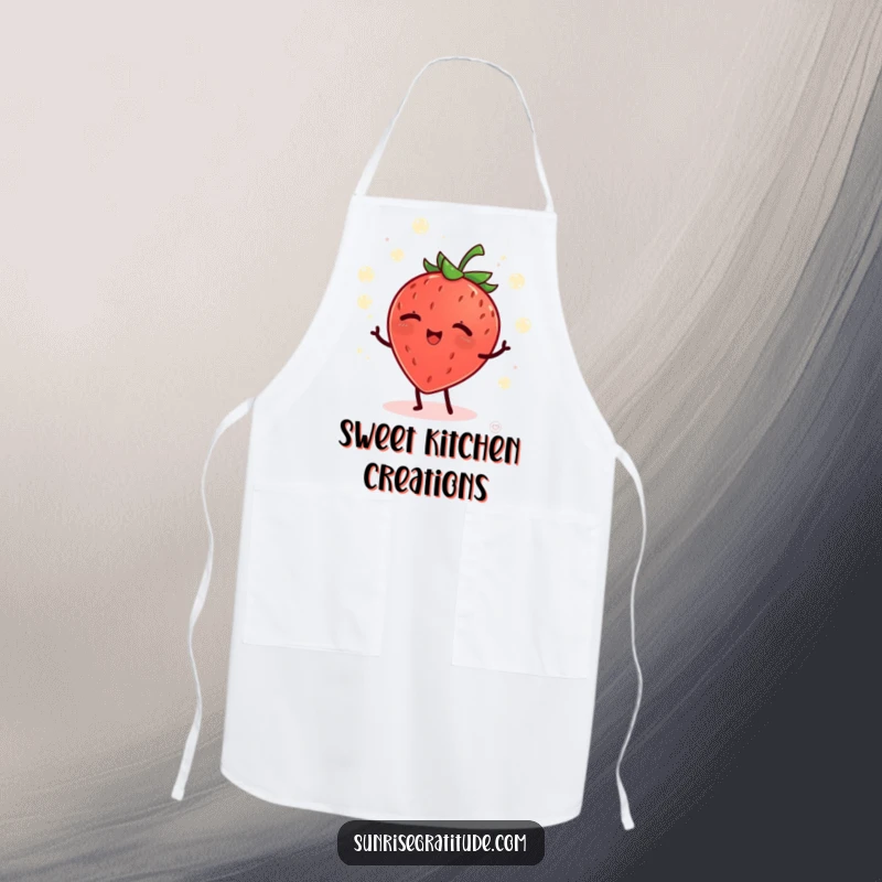Funny giggling strawberry juggling dew drops at dawn, a humorous apron for kitchen fun.