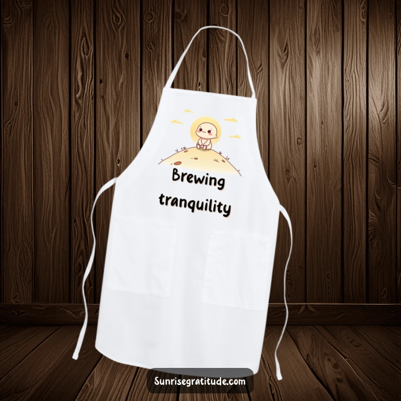 Funny apron with a character peacefully watching the dawn unfold from a hill, adding a touch of serenity to cooking.
