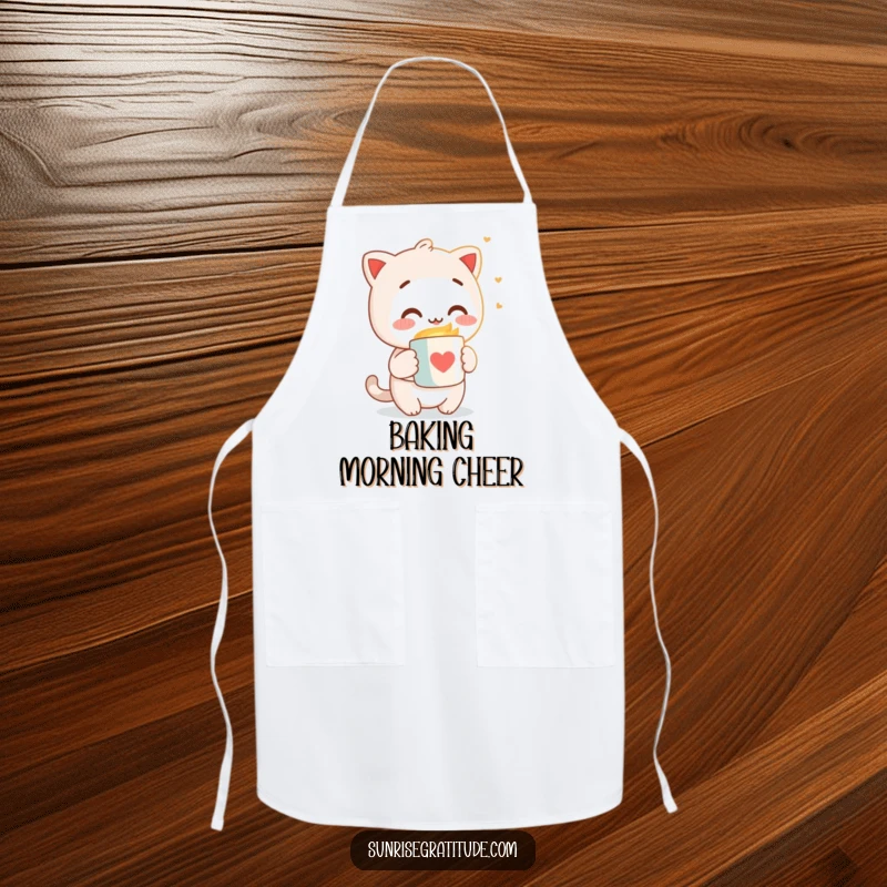 Funny apron with a character joyfully offering a warm mug to the gentle morning light, perfect for a cheerful kitchen.