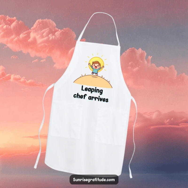 Funny apron with a playful character leaping with joy as the sun rises over a hill.