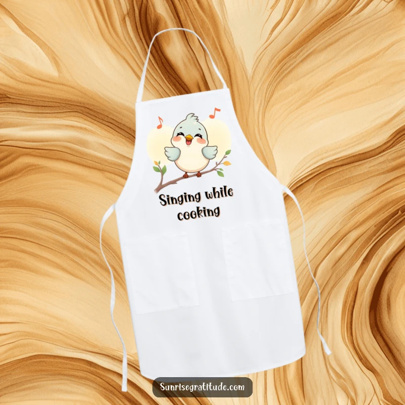 Funny smiling bird apron, chirping a joyful tune at dawn, adding cheer to cooking tasks. A humorous accessory.