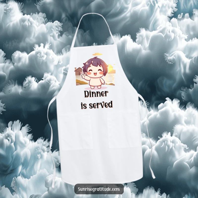 Funny Sunset Chef Apron: Smiling character waving to a setting sun on a kitchen apron, a humorous and practical funny gift.