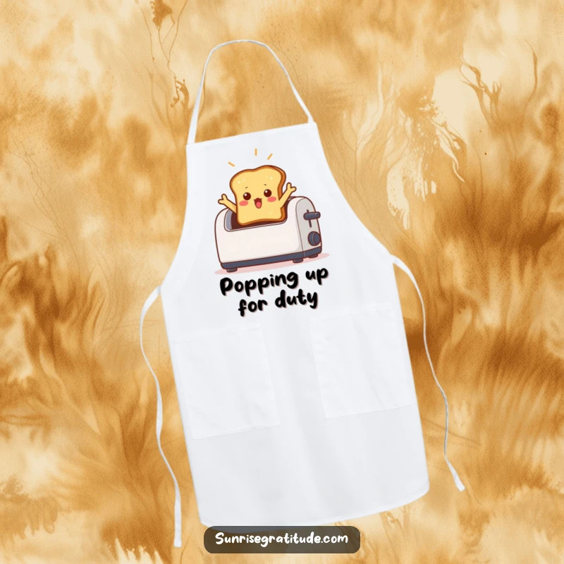 Funny apron showing a surprised toast dramatically jumping out of a toaster with a beam of light, for kitchen antics.