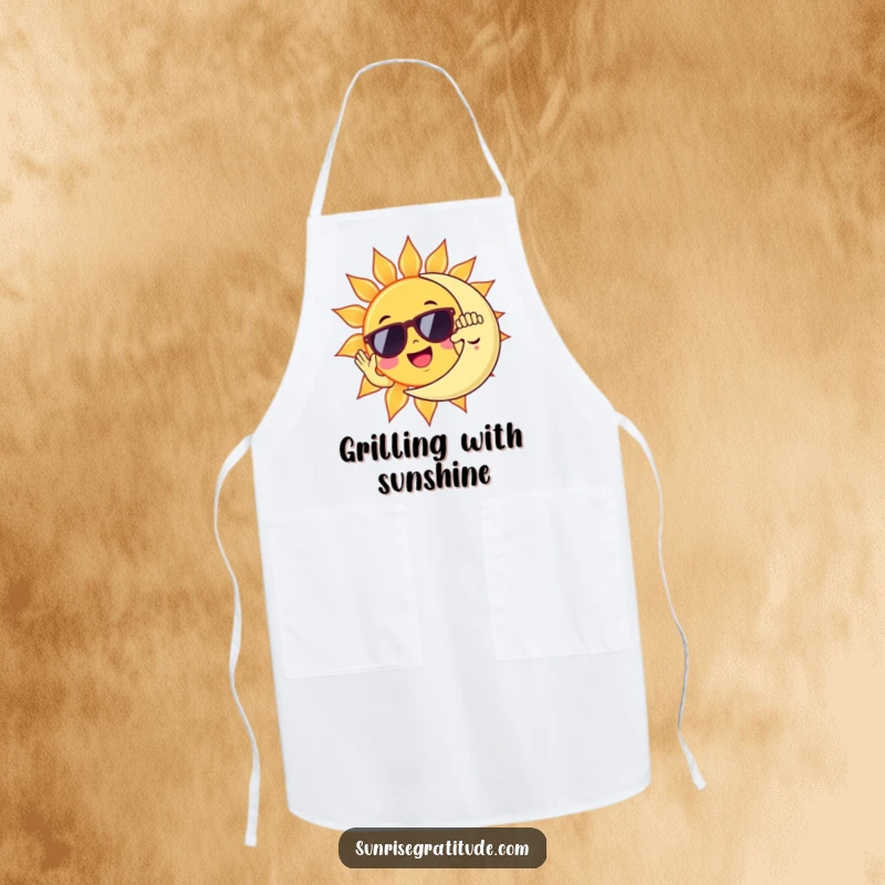 Funny sun in sunglasses high-fiving sleepy moon, a humorous apron for kitchen fun.