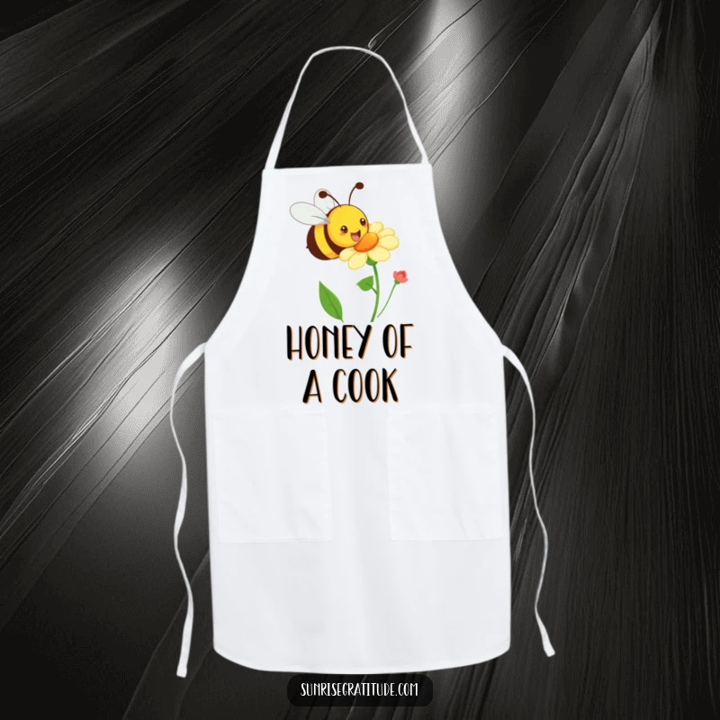 Funny playful bee apron, buzzing happily towards a blooming flower, adding energy to kitchen tasks. A humorous accessory.