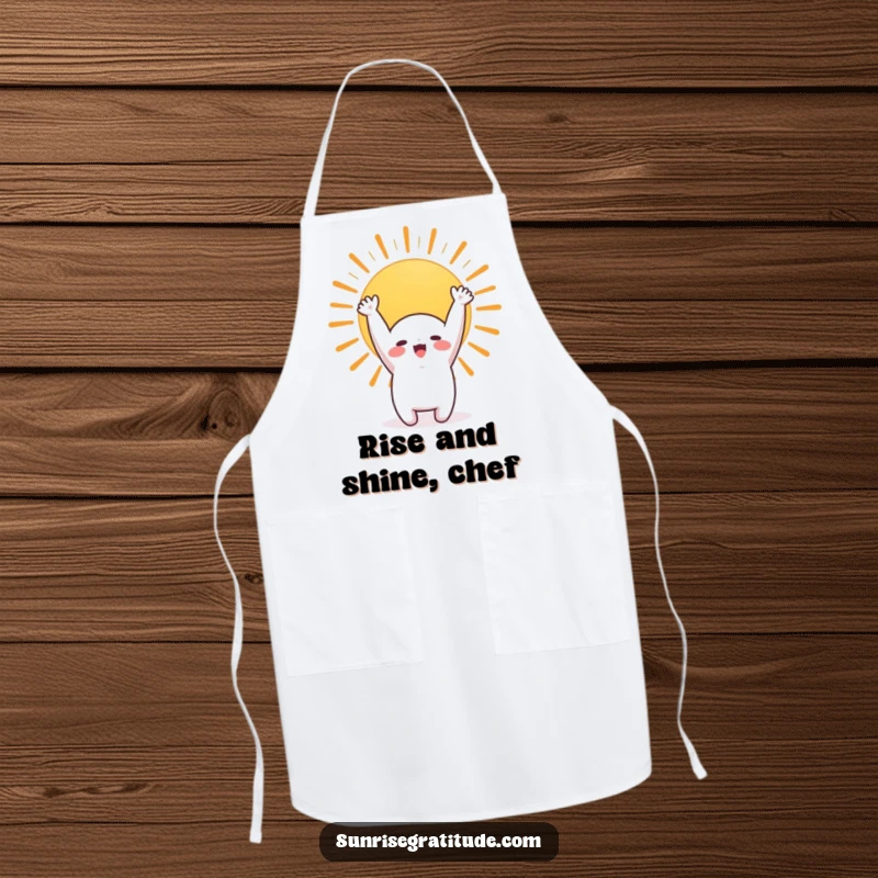 Funny apron featuring a cute character stretching towards a sunrise, making kitchen tasks more enjoyable. A humorous chef's accessory.