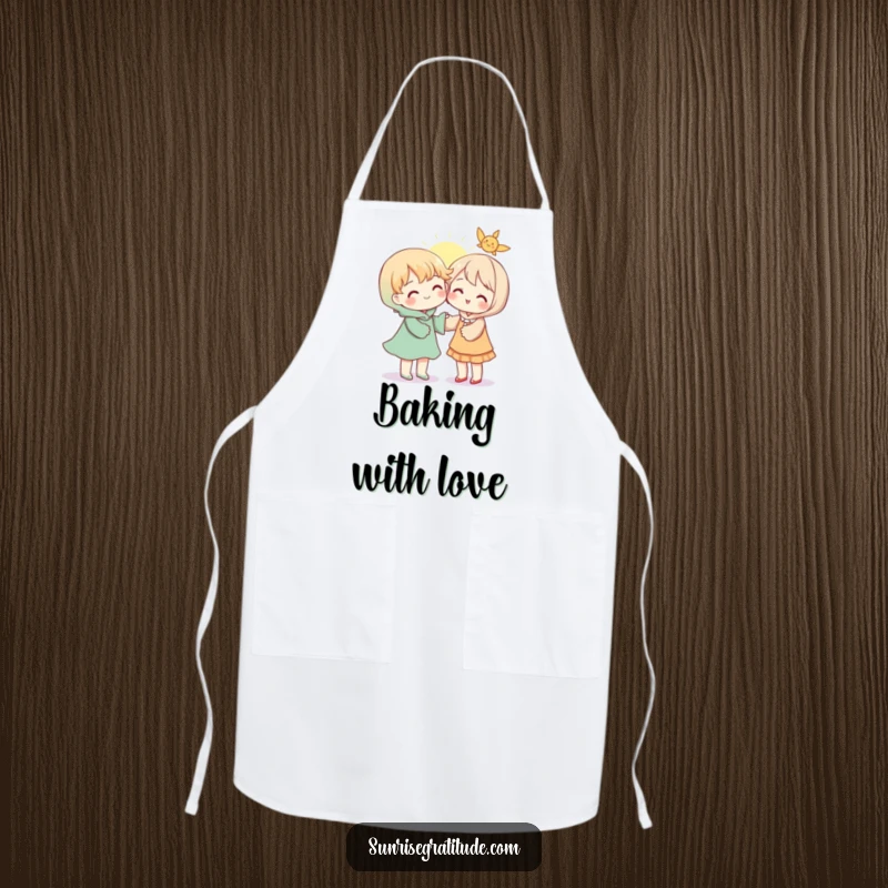 Heartwarming apron featuring a character sharing a ray of sunshine with another, perfect for a cook who spreads joy.