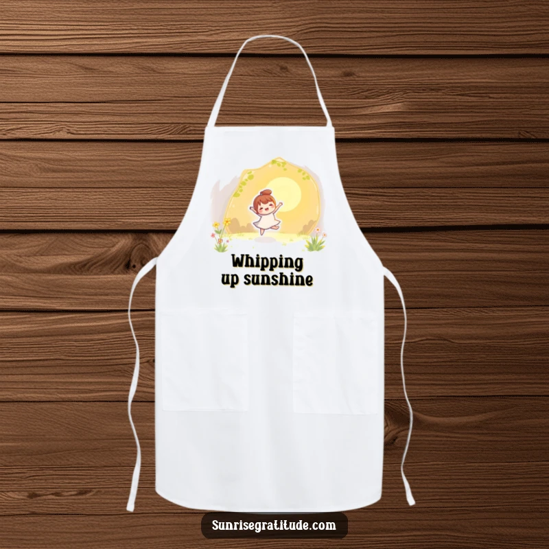 Funny apron with a character playfully dancing with the golden rays of sunlight, adding a joyful touch to cooking.