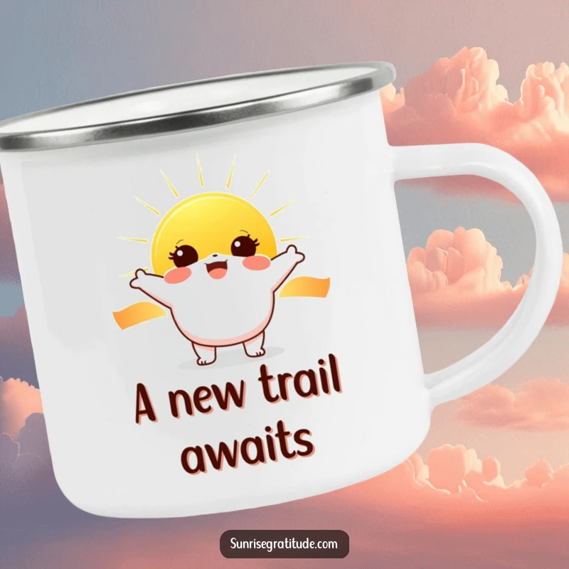 Funny Sunrise Camp Mug: Cheerful character greeting a rising sun, an adventurous and humorous funny gift.