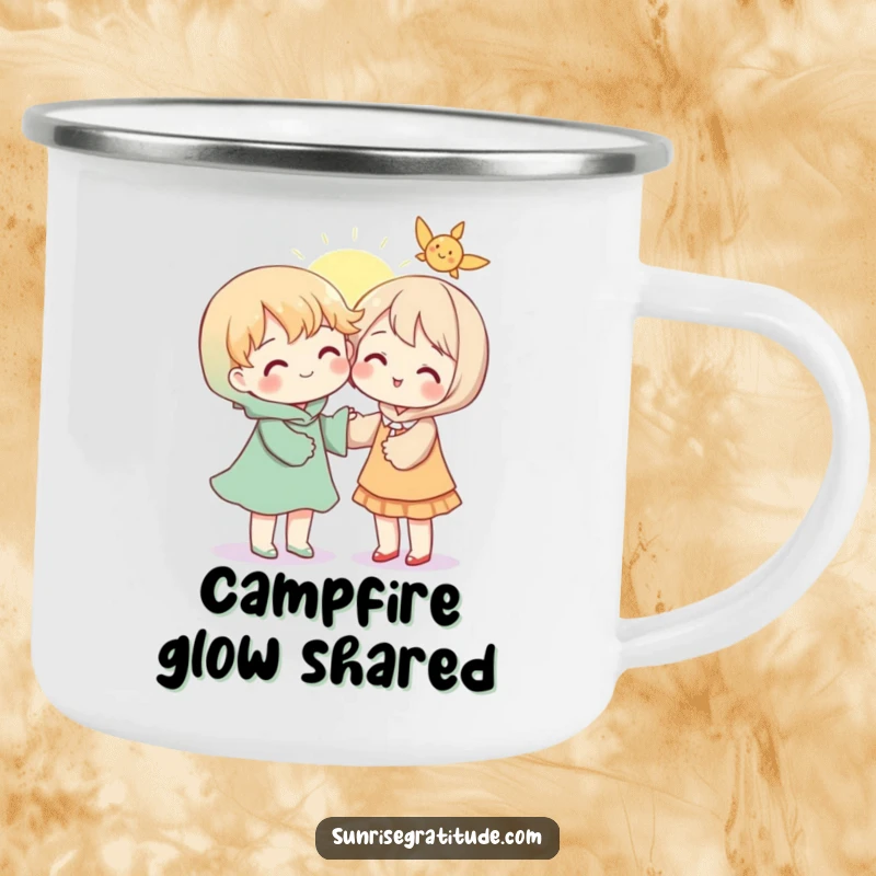 Heartwarming camping mug featuring a character sharing a ray of sunshine with another, perfect for outdoor adventures and connection.