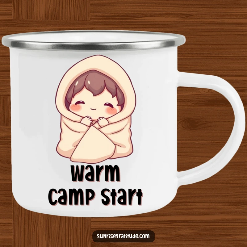 Funny camping mug with a contented character smiling, wrapped in a cozy blanket, perfect for enjoying drinks outdoors.