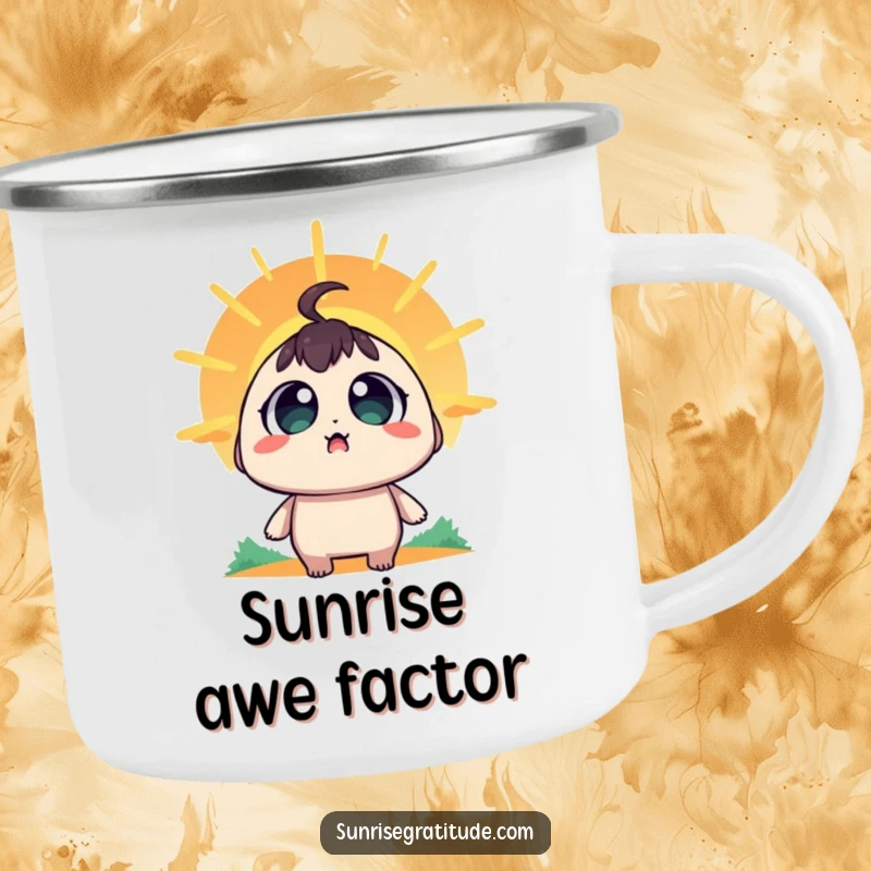 Funny Camping Mug: A character with wide, amazed eyes watching the sun emerge, ready for adventure.