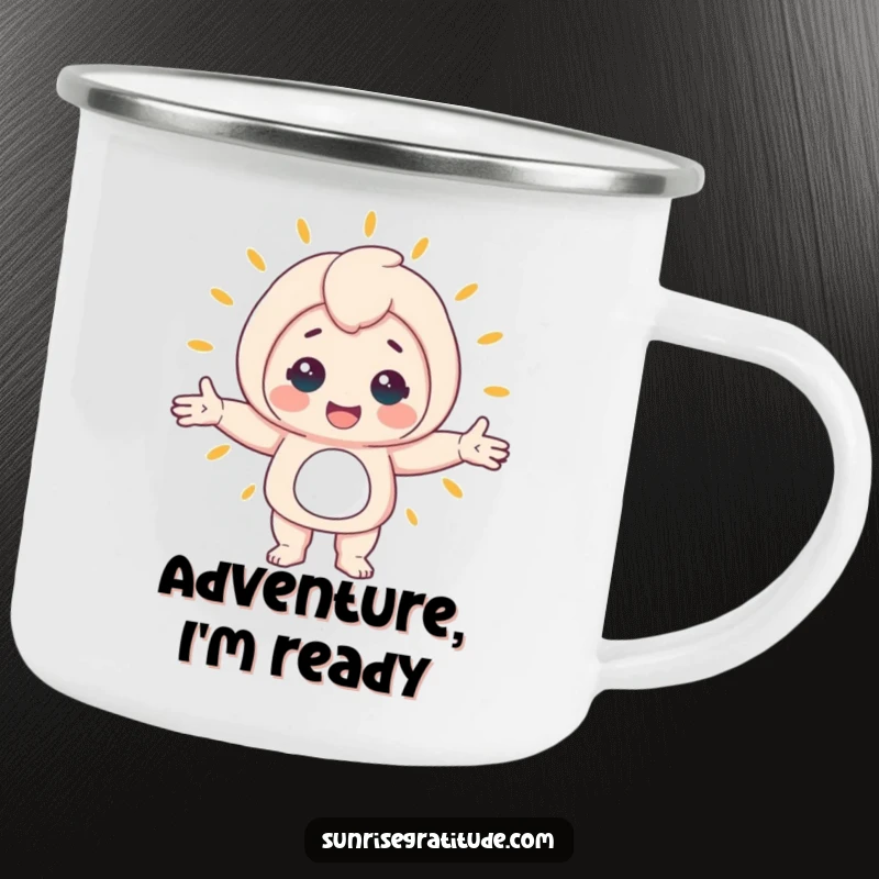Funny enamel camping mug featuring a joyful character with open arms, embracing the outdoorsy, awakening world, ideal for adventurers.