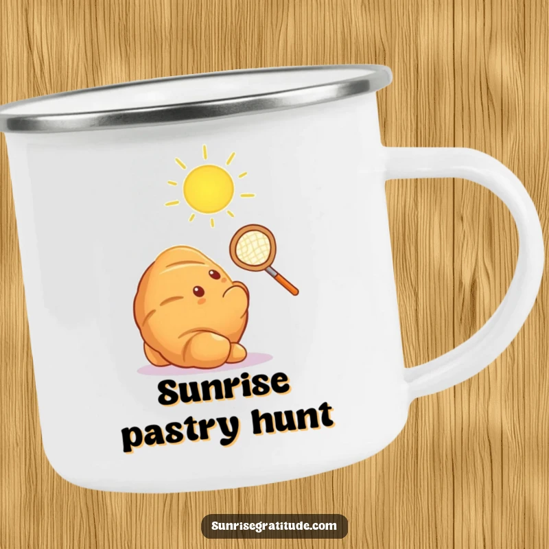 Funny croissant with net catching sun ray, a durable and humorous camping mug.