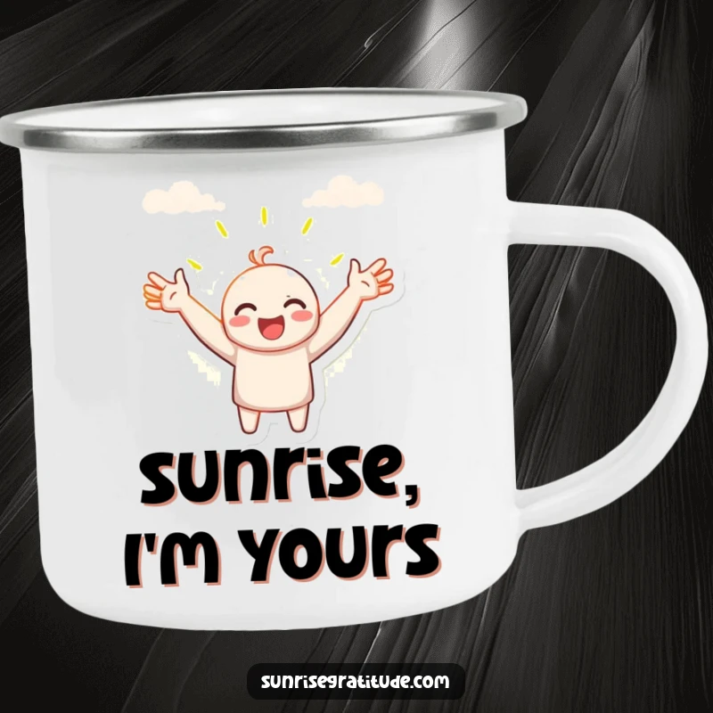 Funny camping mug, character with open arms embracing the sunrise, outdoor adventure, morning chill, durable and fun, ideal funny gift.