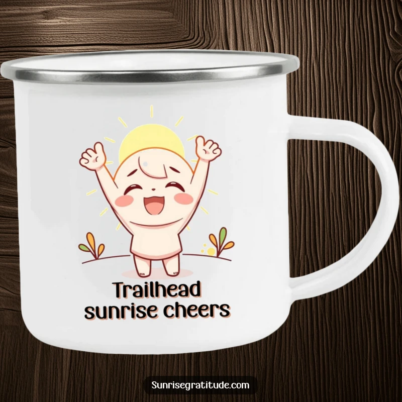 Funny Camping Mug: A character celebrating the sunrise, ready for outdoor adventures with a cheerful spirit.