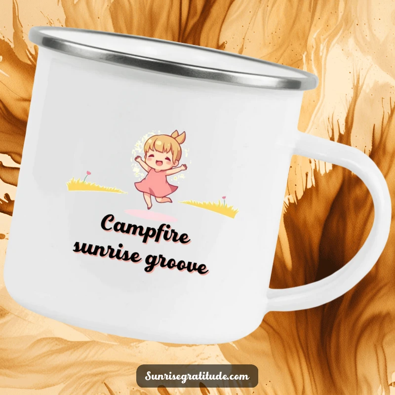 Funny camping mug with a playful character dancing in the golden light of morning, built for durability and adding cheer to outdoor activities.