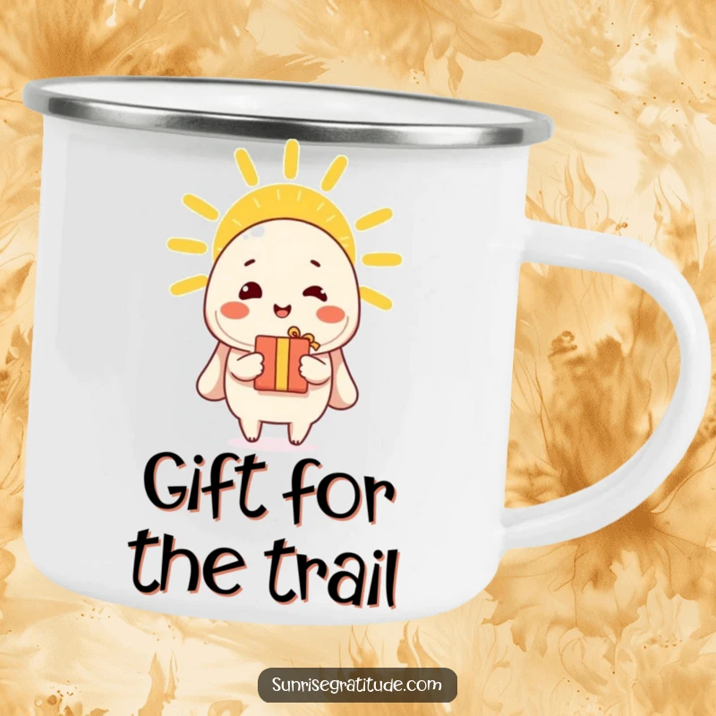 Funny camping mug featuring a cheerful character offering a gift to the morning sun, perfect for outdoor cheer.