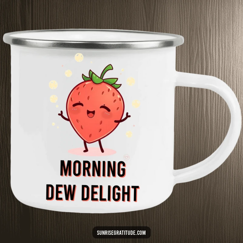 Funny giggling strawberry juggling dew drops at dawn, a durable and humorous camping mug.