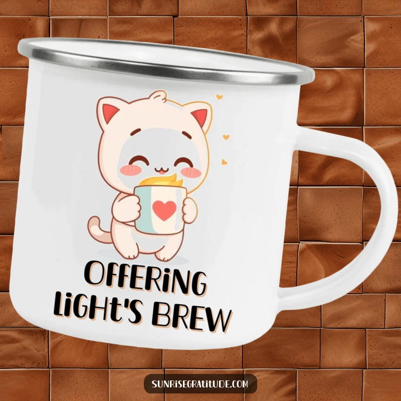 Funny camping mug with a character offering a warm mug to the morning light, perfect for enjoying the outdoors.