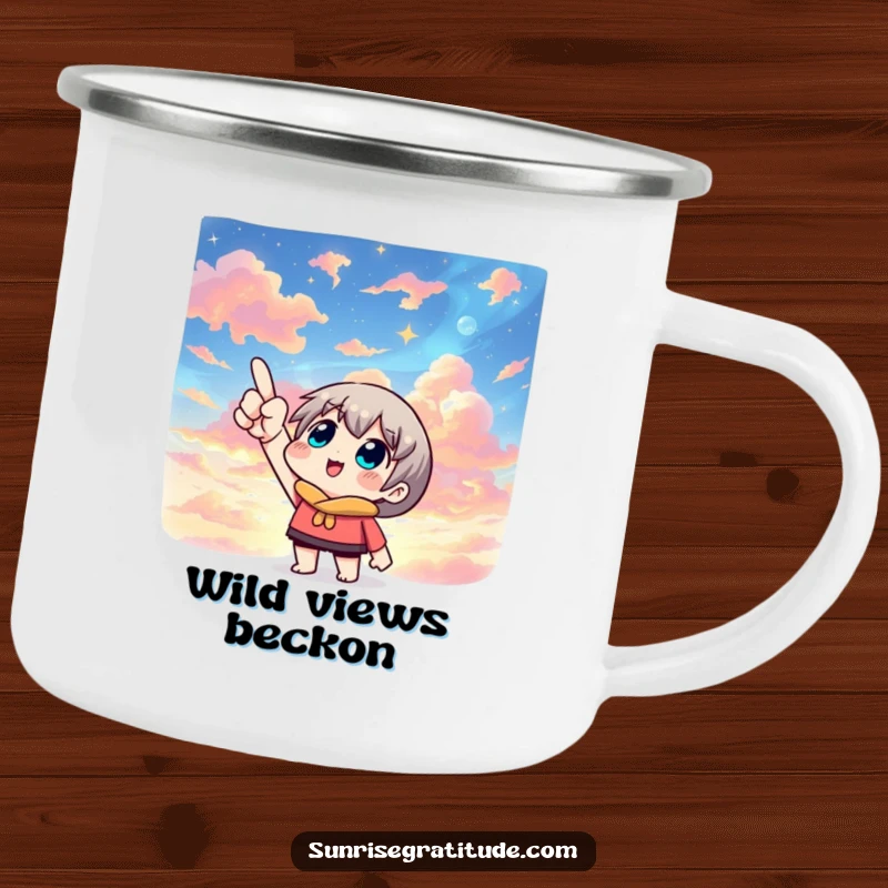 Artistic camping mug featuring a character pointing skyward at a vibrant, colorful sky, perfect for outdoor adventures.