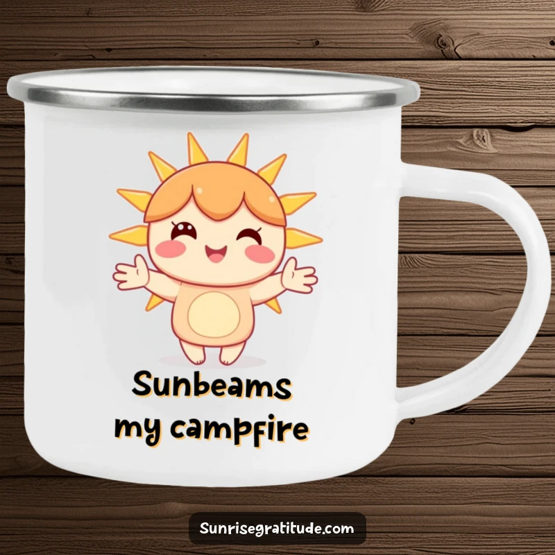 Funny camping mug featuring a happy character holding hands with sunbeams, adding cheer to outdoor drinks.