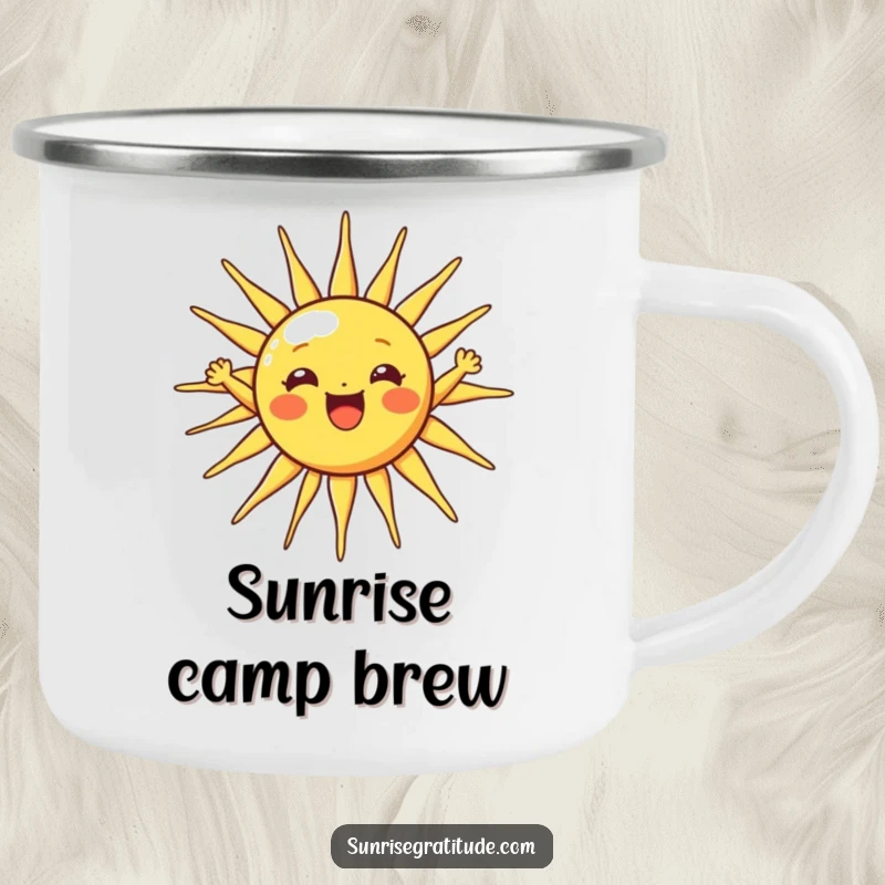 Funny sun camping mug with a cheerful sun character stretching its rays wide, perfect for outdoor drinks.