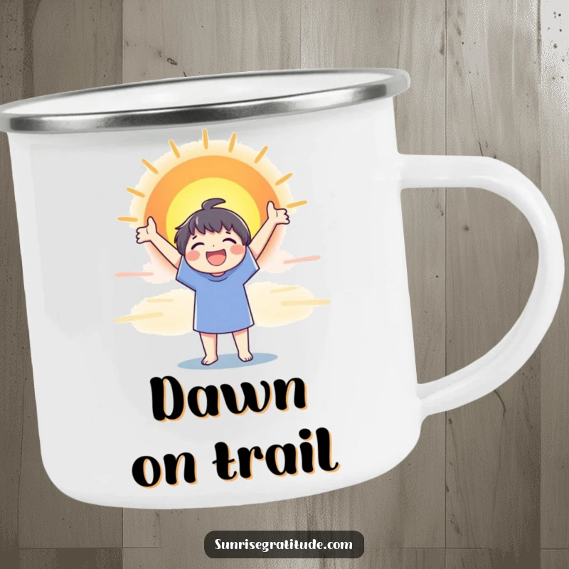 Funny camping mug with a joyful character stretching towards a colorful sunrise, perfect for outdoor drinks.