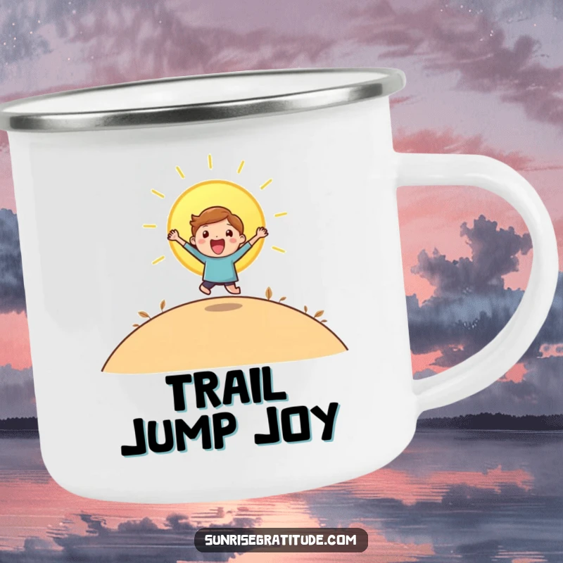 Funny camping mug with a playful character leaping with joy as the sun rises over a hill.