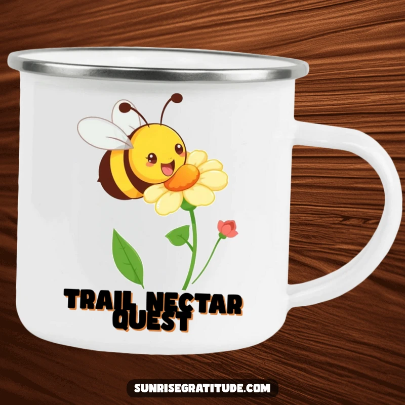 Funny playful bee camping mug, buzzing happily towards a blooming flower, durable and cheerful for outdoor use. A humorous choice.