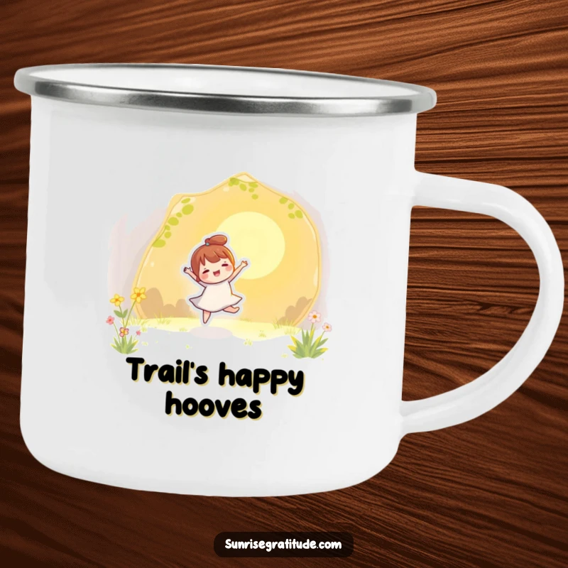 Funny camping mug with a character dancing energetically with the golden rays of sunlight, perfect for outdoor fun.