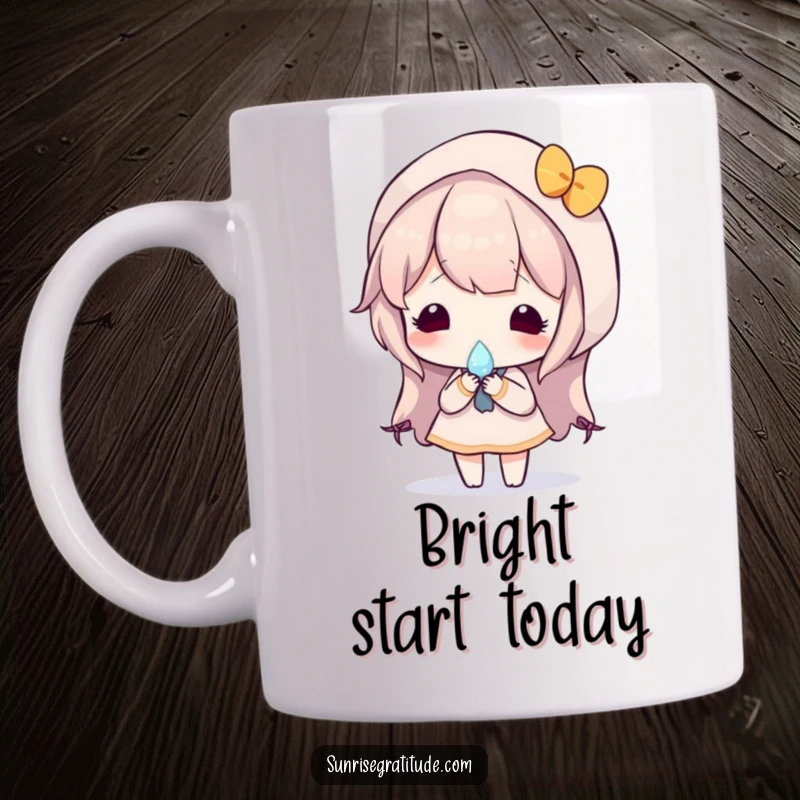 Serene mug showcasing a character gently holding a single dewdrop that perfectly reflects a vibrant, colorful sunrise, capturing a peaceful moment.