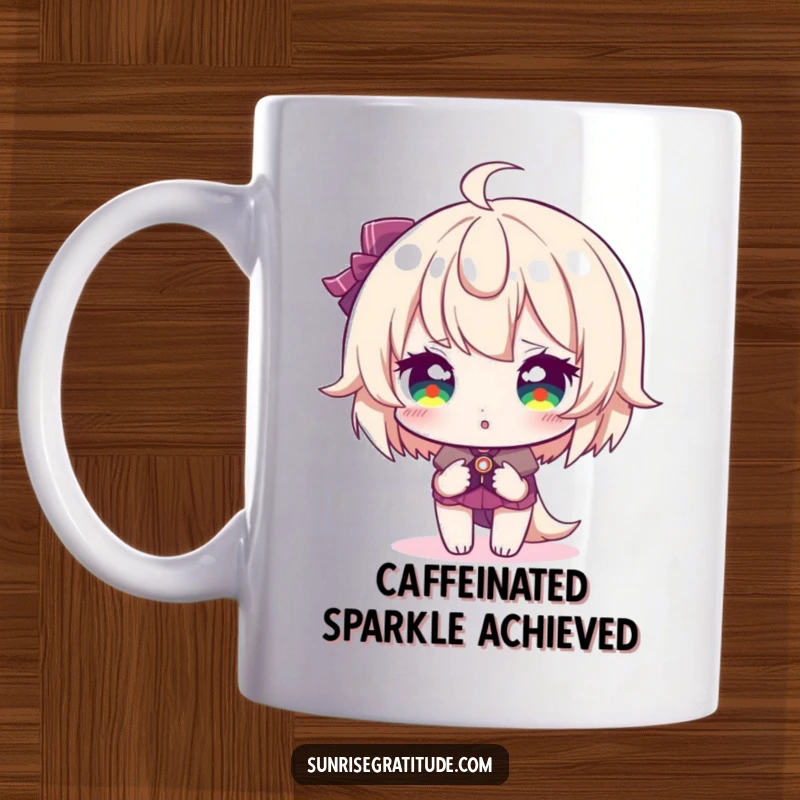 Funny mug, character with sparkling eyes reflecting sunrise colors, dazzling morning gaze, full of wonder, vibrant and cheerful, perfect funny gift.