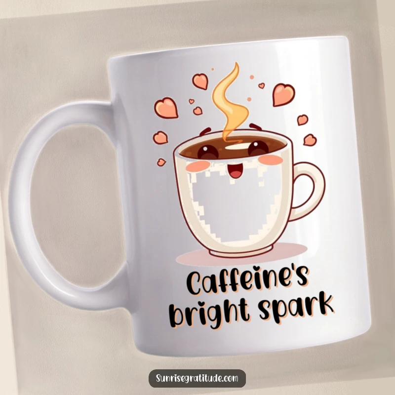 Funny mug featuring an enthusiastic coffee cup character steaming with vibrant energy, representing the start of a new, exciting day.