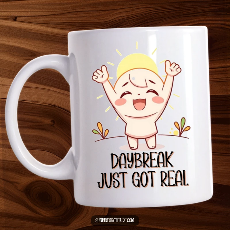 Funny Mug: Joyous character enthusiastically cheering as the first golden rays of sunlight break through the horizon.