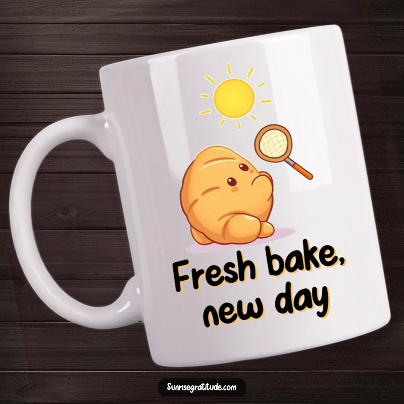 Funny radiant croissant attempting to catch the first sun ray with a tiny net, whimsical breakfast art on a mug.