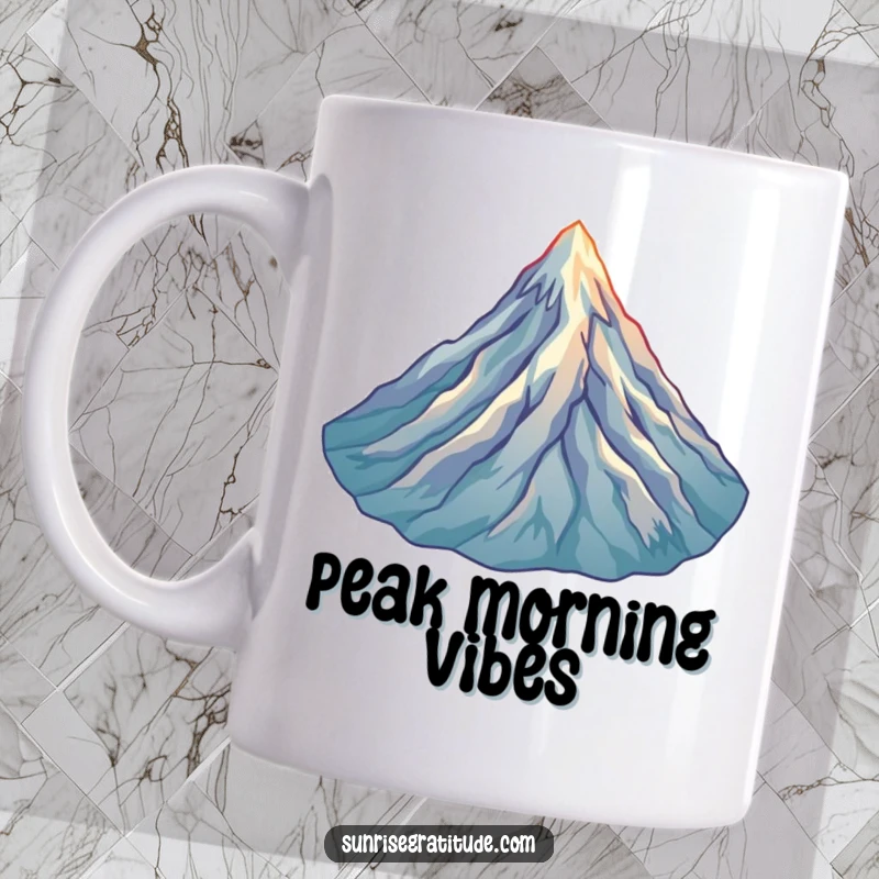 Funny Mountain Peak Mug: A joyful mountain peak is bathed in the first light of dawn, inspiring adventure and humor.