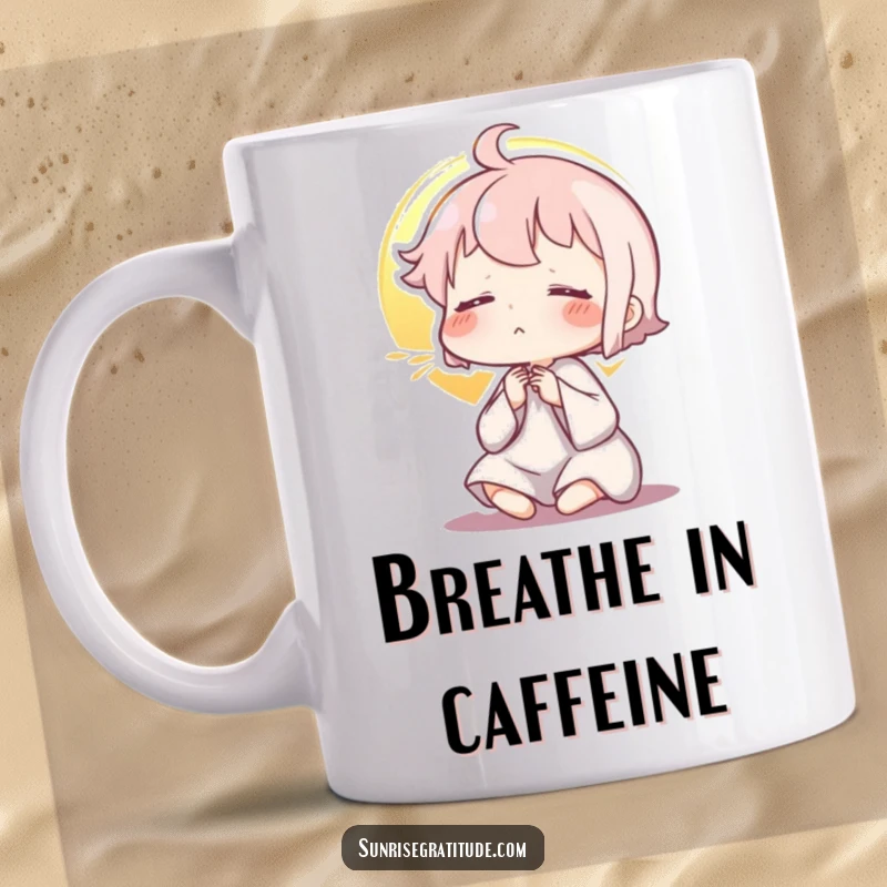 Funny mug, character exhaling peacefully, sunrise tranquility, calm morning meditation, fresh start, ideal funny gift.
